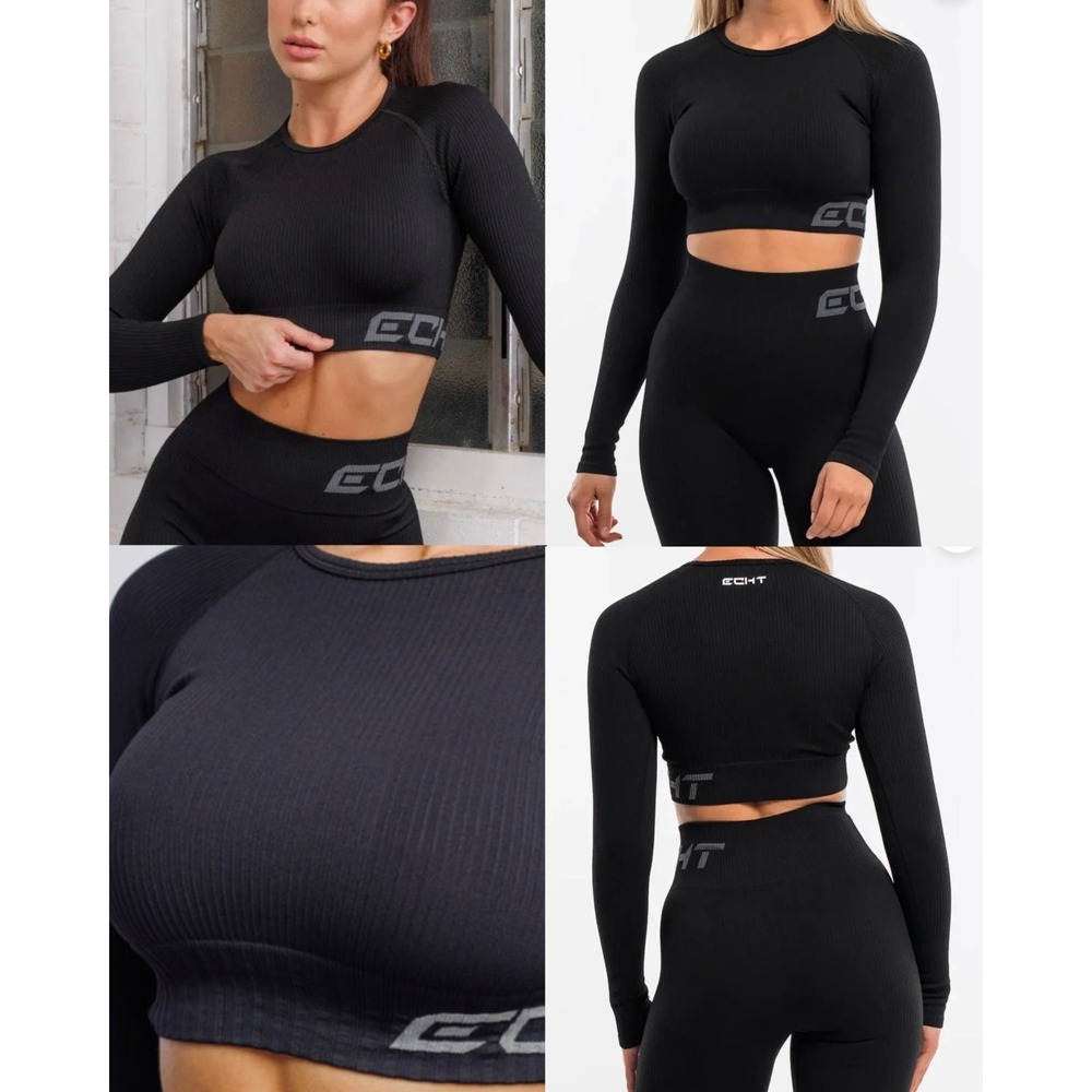 ECHT Arise Comfort Cropped Top Womens M Black Ribbed Sweat Wicking Long Sleeve
